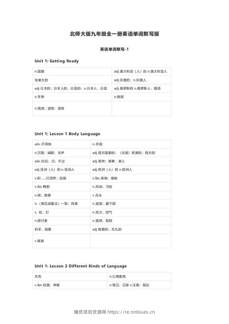 北师大版九年级上册英语单词默写表 - 臻优资源网