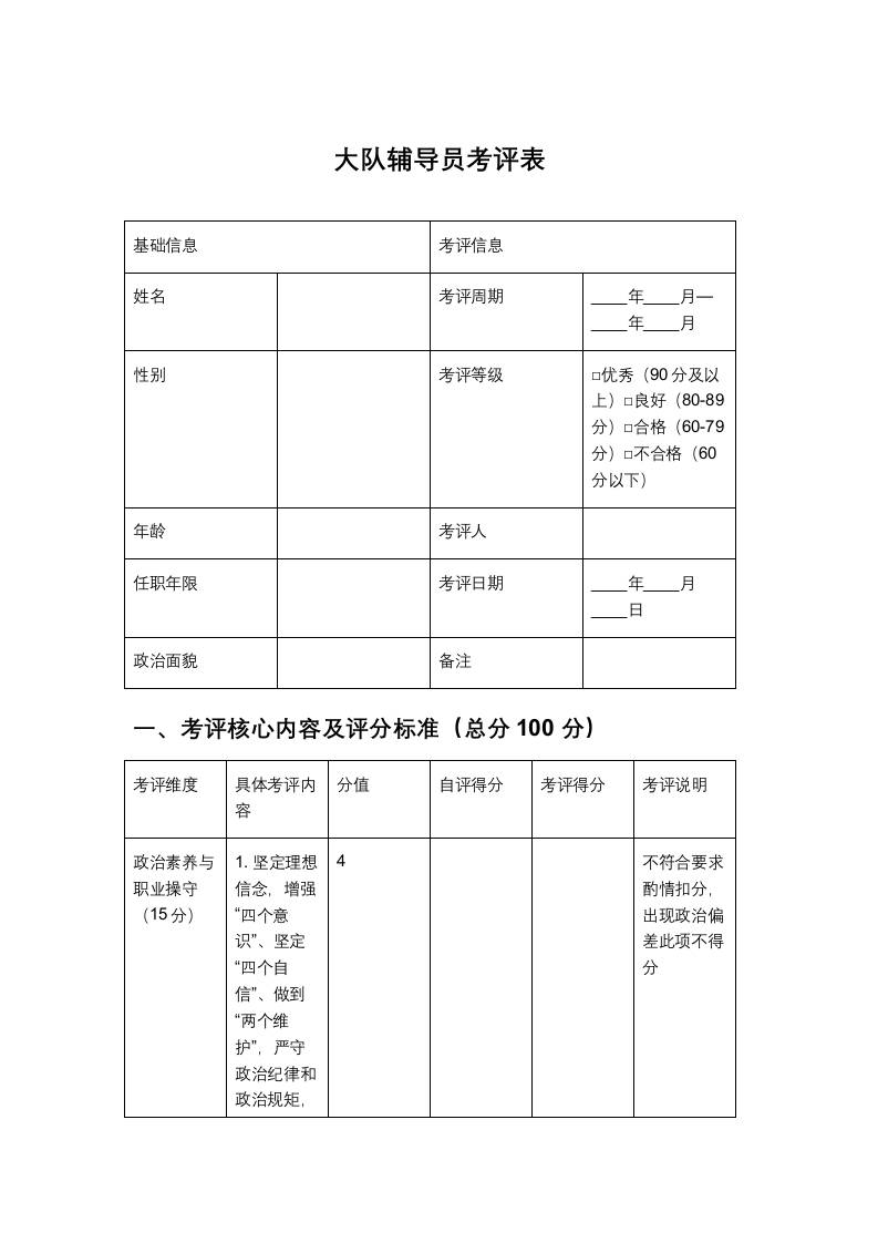 大队辅导员考评表 - 臻优资源网