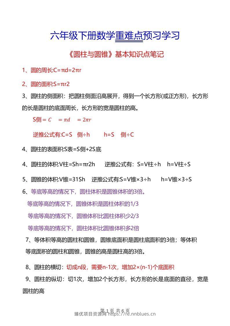 六年级下册数学重难点《圆柱与圆锥》 - 臻优资源网