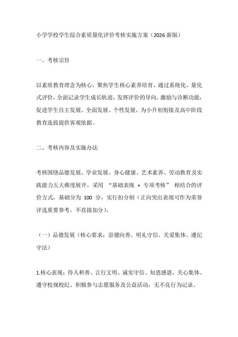 小学学校学生综合素质量化评价考核实施方案（2026新版） - 臻优资源网