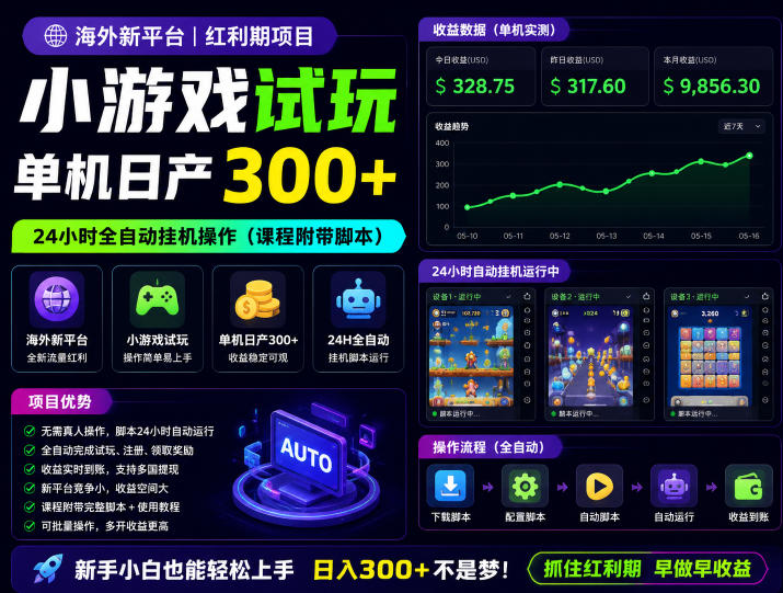 海外新平台，小游戏试玩，单机日产300+，24小时全自动挂G操作（课程附带脚本）【揭秘】 - 臻优资源网