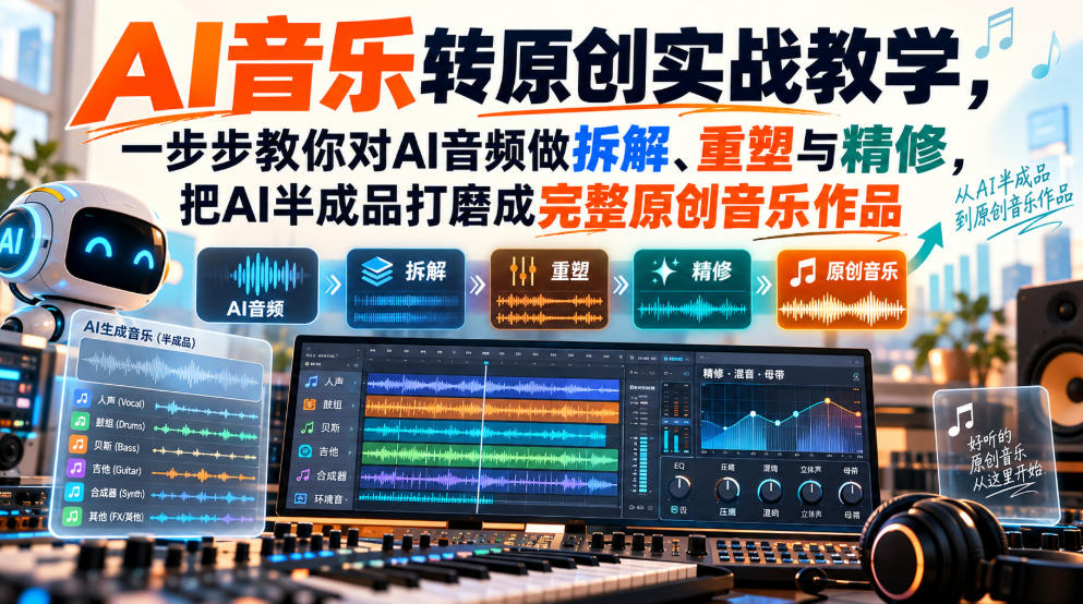 AI音乐转原创实战教学，一步步教你对AI音频做拆解、重塑与精修，把AI半成品打磨成完整原创音乐作品 - 臻优资源网