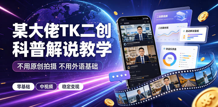 某大佬TK二创科普解说教学，不用原创拍摄不用外语基础，零基础做TikTok中视频稳定变现 - 臻优资源网