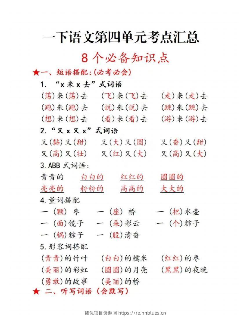 一下语文第四单元考点总结 - 臻优资源网