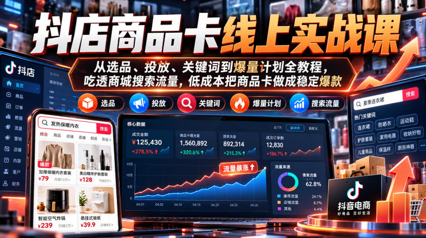 抖店商品卡线上实战课｜从选品、投放、关键词到爆量计划全教程，吃透商城搜索流量，低成本把商品卡做成稳定爆款 - 臻优资源网