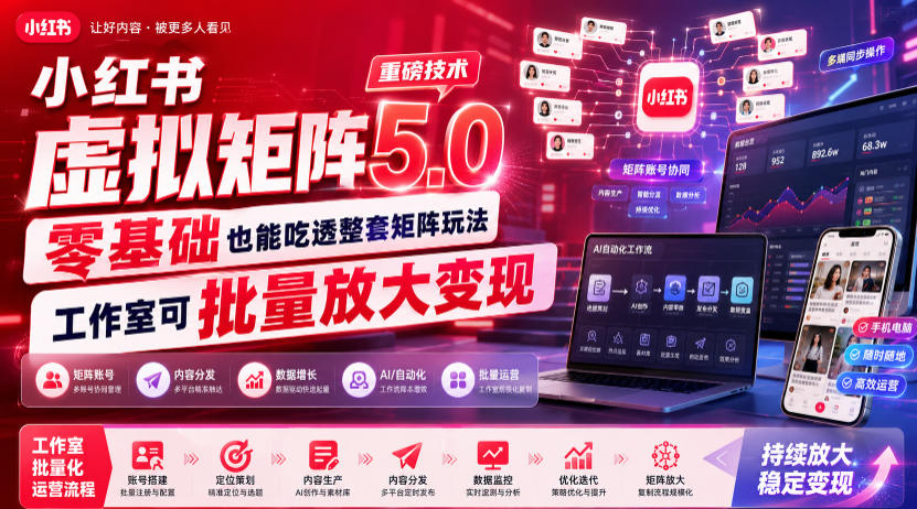 小红书虚拟矩阵5.0重磅技术，零基础也能吃透整套矩阵玩法，工作室可批量放大变现 - 臻优资源网
