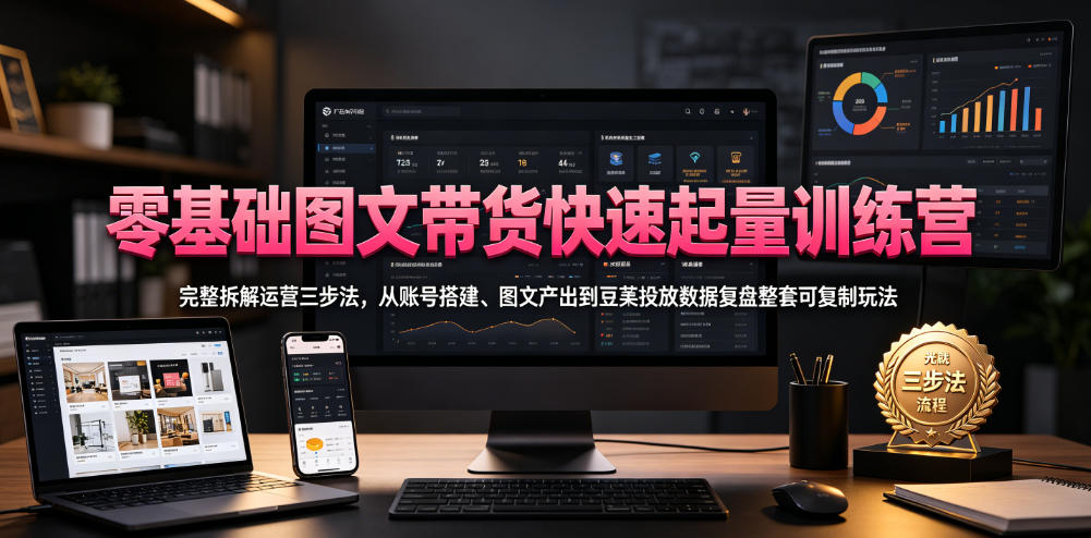 零基础图文带货快速起量训练营，完整拆解运营三步法，从账号搭建、图文产出到豆荚投放数据复盘整套可复制玩法 - 臻优资源网