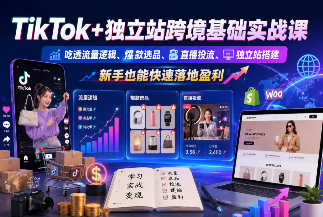 TikTok+独立站跨境基础实战课，吃透流量逻辑、爆款选品、直播投流与独立站搭建，新手也能快速落地盈利 - 臻优资源网