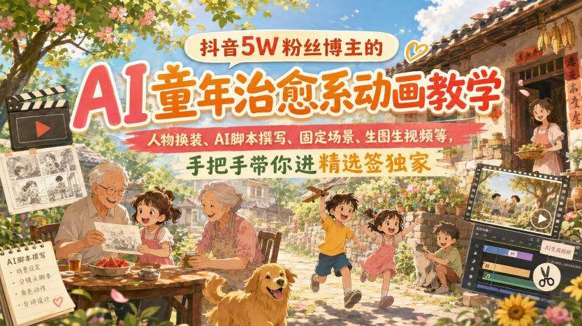 抖音5W粉丝博主的AI童年治愈系动画教学，人物换装、AI脚本撰写、固定场景、生图生视频等，手把手带你进精选签独家 - 臻优资源网