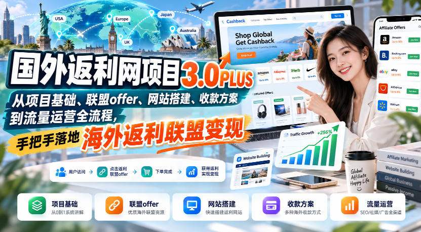 国外返利网项目3.0PLUS，从项目基础、联盟offer、网站搭建、收款方案到流量运营全流程，手把手落地海外返利联盟变现 - 臻优资源网