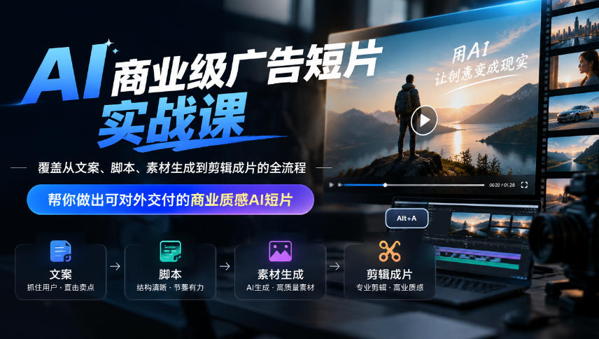 AI商业级广告短片实战课，覆盖从文案、脚本、素材生成到剪辑成片的全流程，帮你做出可对外交付的商业质感AI短片 - 臻优资源网