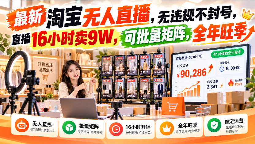 最新淘宝无人直播，无违规不封号，直播16小时卖9W，可批量矩阵，全年旺季【揭秘】 - 臻优资源网