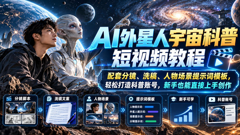 AI外星人宇宙科普短视频教程，配套分镜、洗稿、人物场景提示词模板，轻松打造科普账号，新手也能直接上手创作 - 臻优资源网