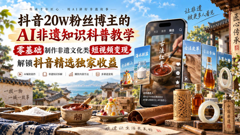 抖音20W粉丝博主的AI非遗知识科普教学，零基础制作非遗文化类短视频变现，解锁抖音精选独家收益 - 臻优资源网
