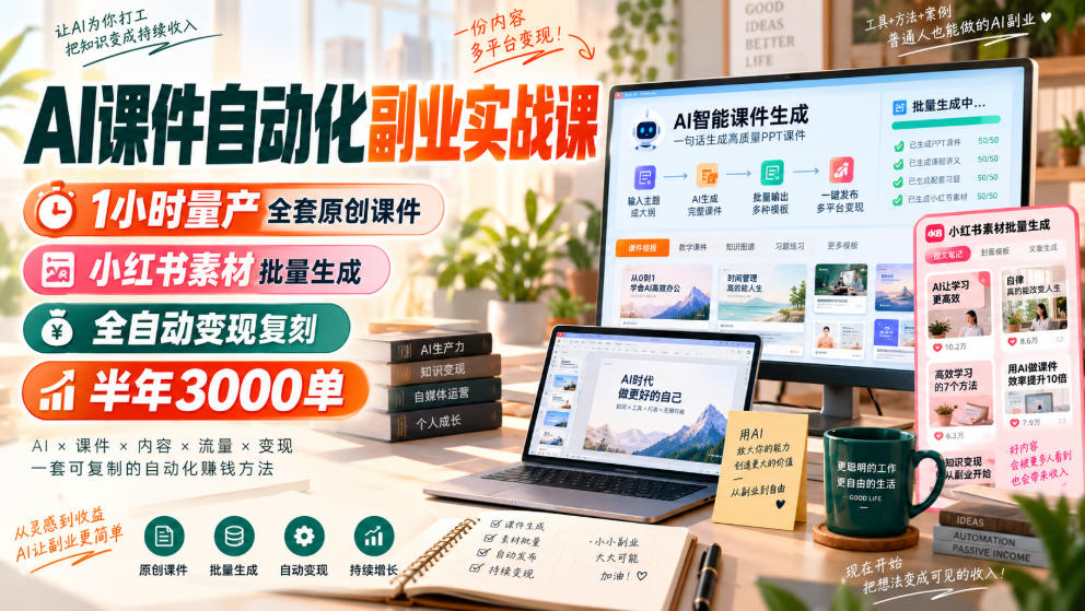 AI课件自动化副业实战课，1小时量产全套原创课件，小红书素材批量生成，全自动变现复刻，半年3000单 - 臻优资源网