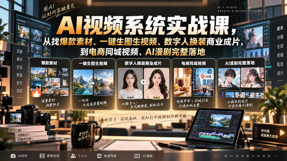 AI视频系统实战课，从找爆款素材、一键生图生视频、数字人换装商业成片，到电商同城视频、AI漫剧完整落地 - 臻优资源网