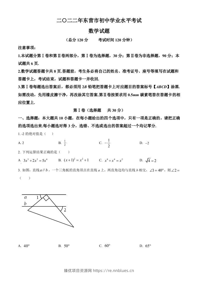 2022年山东省东营市中考数学真题（空白卷） - 臻优资源网