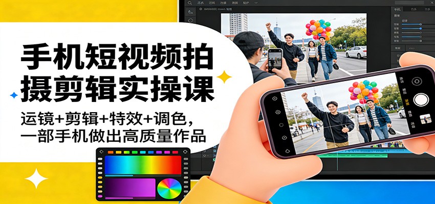 手机短视频拍摄剪辑实操课：运镜+剪辑+特效+调色，一部手机做出高质量作品 - 臻优资源网
