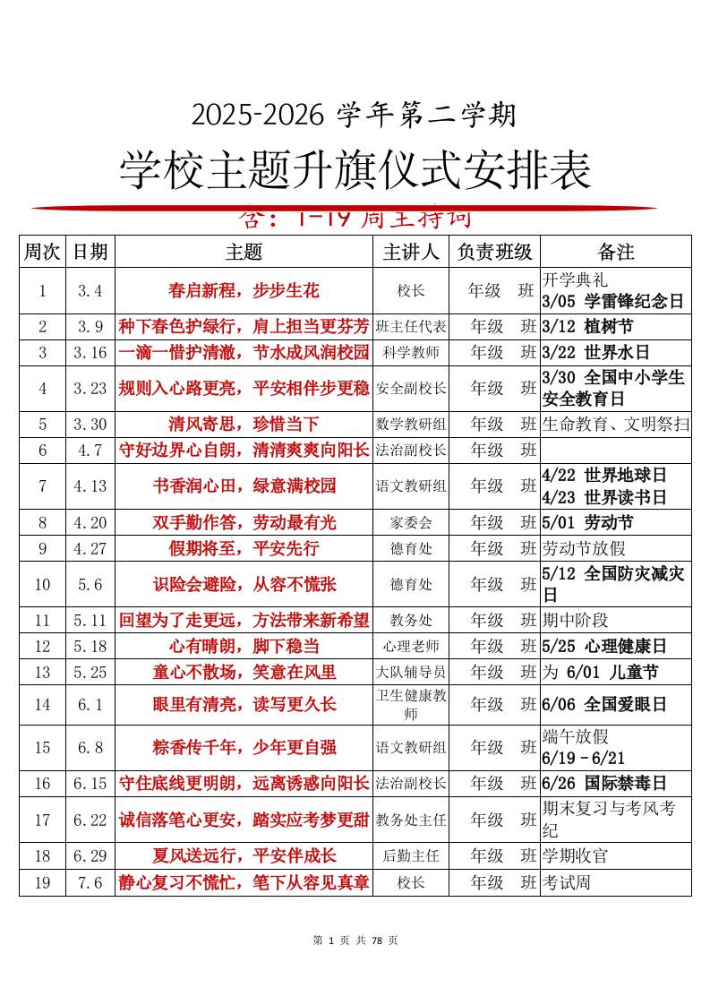 2026年春季升旗仪式安排表及主持词(1-19周)：春启新程，步步生花 - 臻优资源网