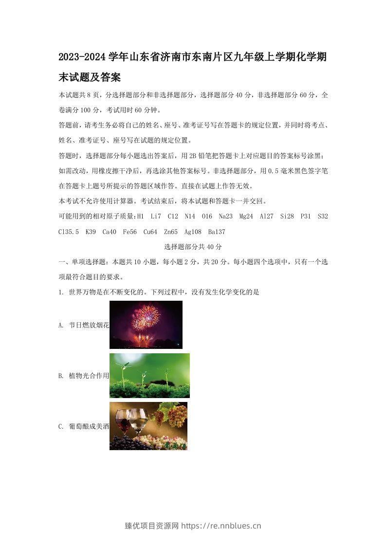 2023-2024学年山东省济南市东南片区九年级上学期化学期末试题及答案(Word版) - 臻优资源网