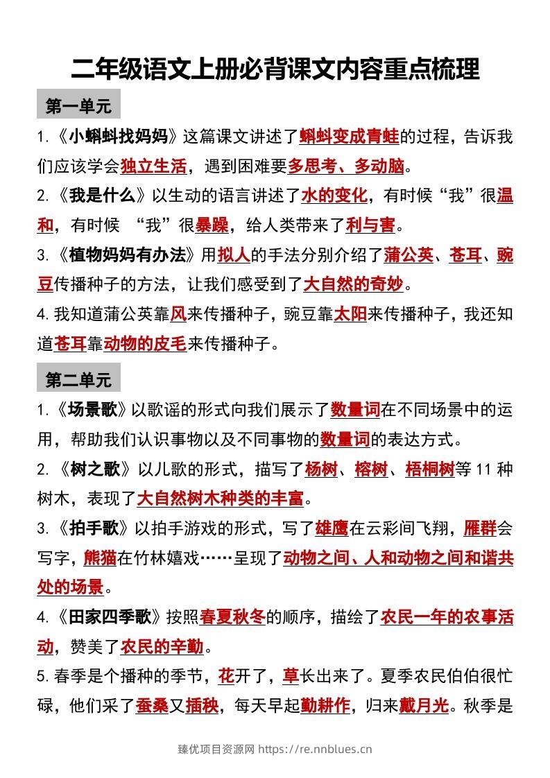 二年级语文上册必背课文内容重点梳理 - 臻优资源网