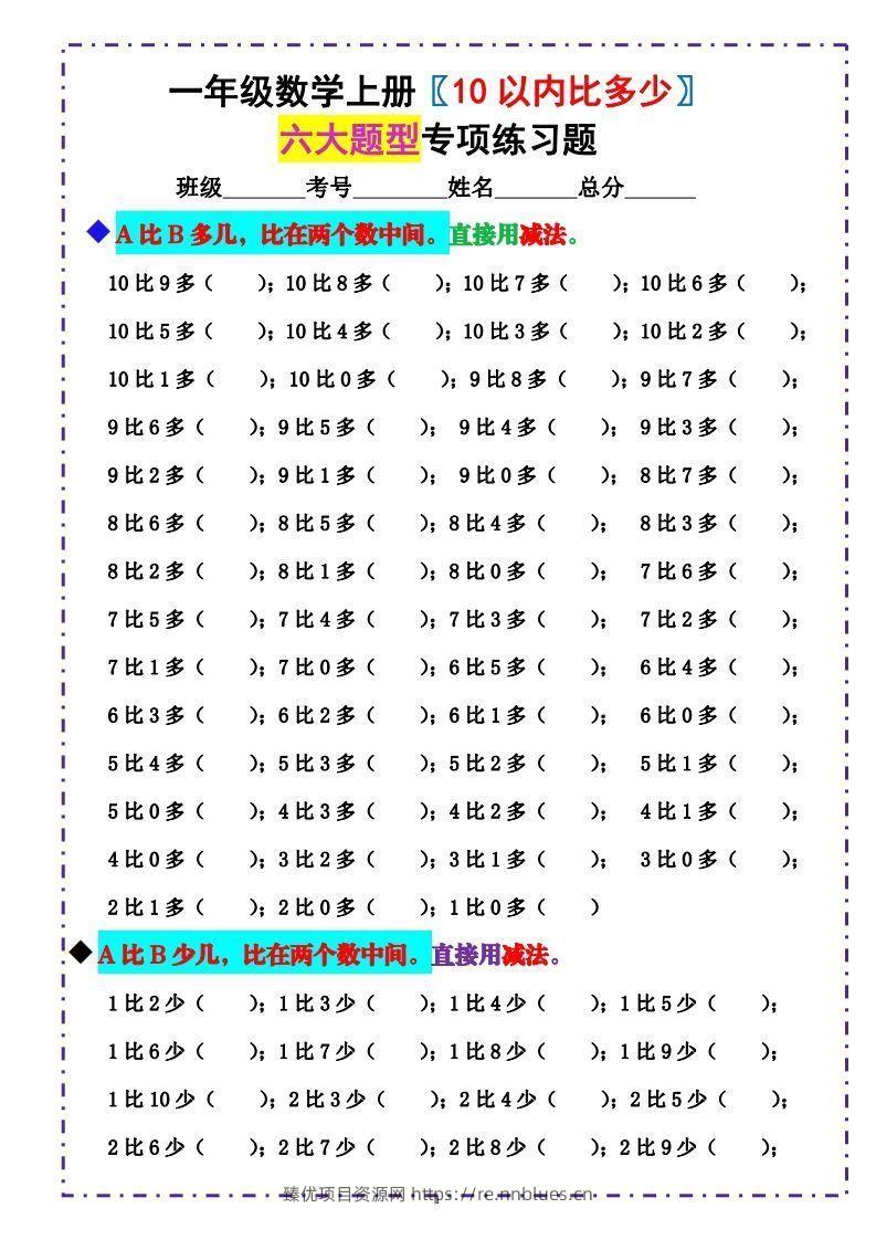 一上数学《10以内比多少》填空题六大题型（含答案） - 臻优资源网