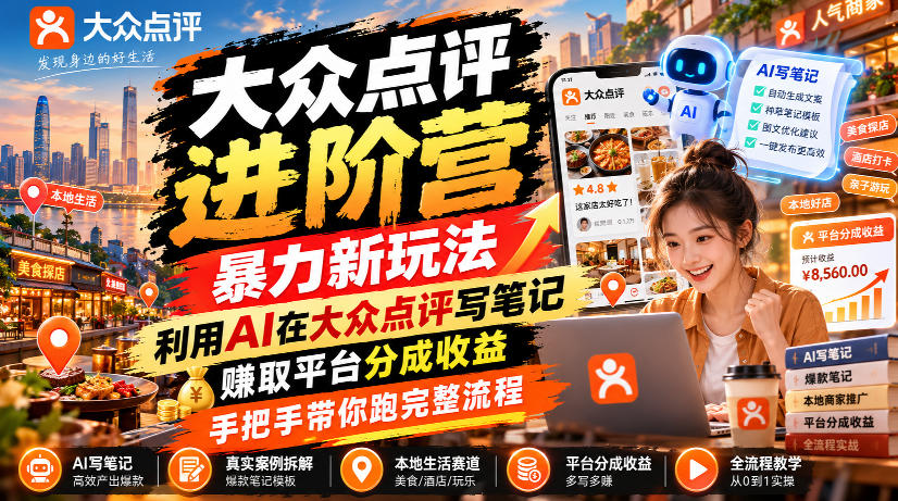 大众点评进阶营，暴力新玩法，利用AI在大众点评写笔记， 賺取平台分成收益，手把手带你跑完整流程 - 臻优资源网