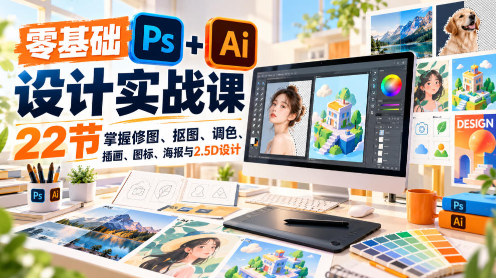 【无水印】零基础PS+AI设计实战课｜22节掌握修图、抠图、调色、插画、图标、海报与2.5D设计 - 臻优资源网