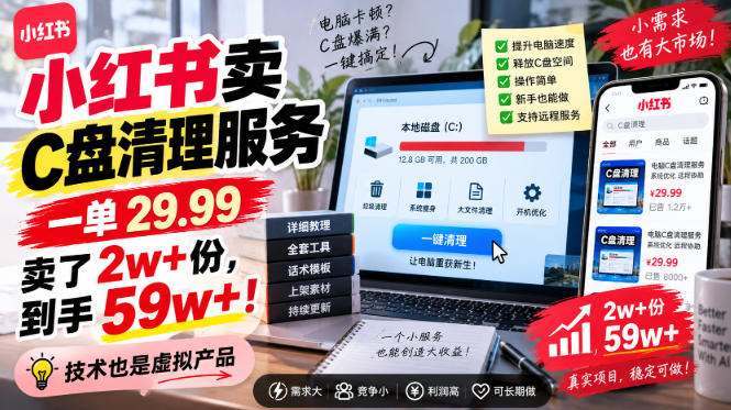小红书卖C盘清理服务，一单29.99，卖了2w+份，技术也是虚拟产品 - 臻优资源网