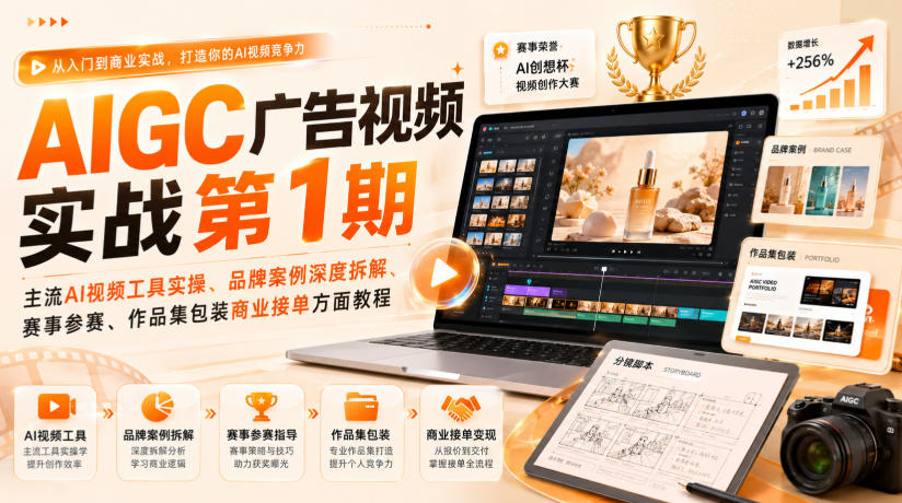 AIGC广告视频实战第1期，主流AI视频工具实操、品牌案例深度拆解、赛事参赛、作品集包装商业接单方面教程 - 臻优资源网