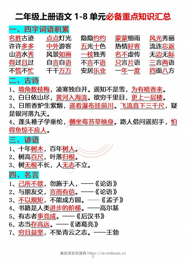 【必备重点知识汇总】二上语文 - 臻优资源网