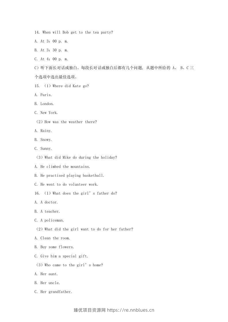 图片[3] - 2022-2023学年天津市七年级上册月考英语试卷及答案(Word版) - 臻优资源网