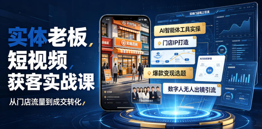 实体老板短视频获客实战课｜AI智能体工具全套实操、门店IP打造、爆款变现选题、数字人无人出镜引流完整教程 - 臻优资源网