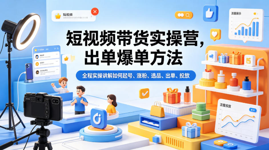 短视频带货实操营，出单爆单方法，全程实操讲解如何起号、涨粉、选品、出单、投放 - 臻优资源网