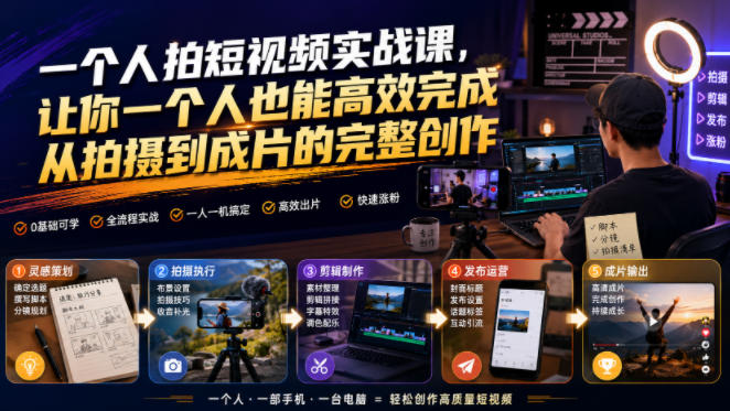 一个人拍短视频实战课，让你一个人也能高效完成从拍摄到成片的完整创作 - 臻优资源网
