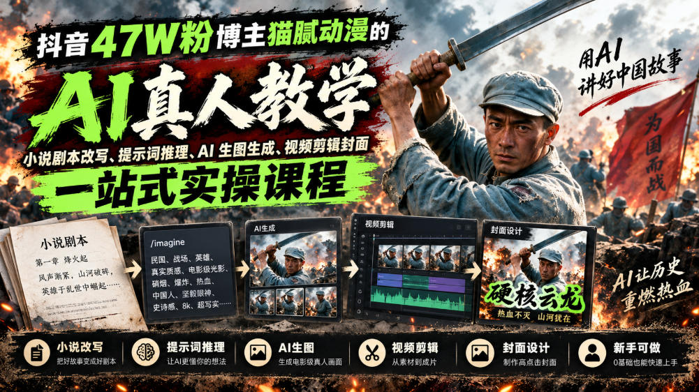 抖音47W粉博主猫腻动漫的AI真人漫剧教学，小说剧本改写、提示词推理、AI生图生成、视频剪辑封面一站式实操课程 - 臻优资源网