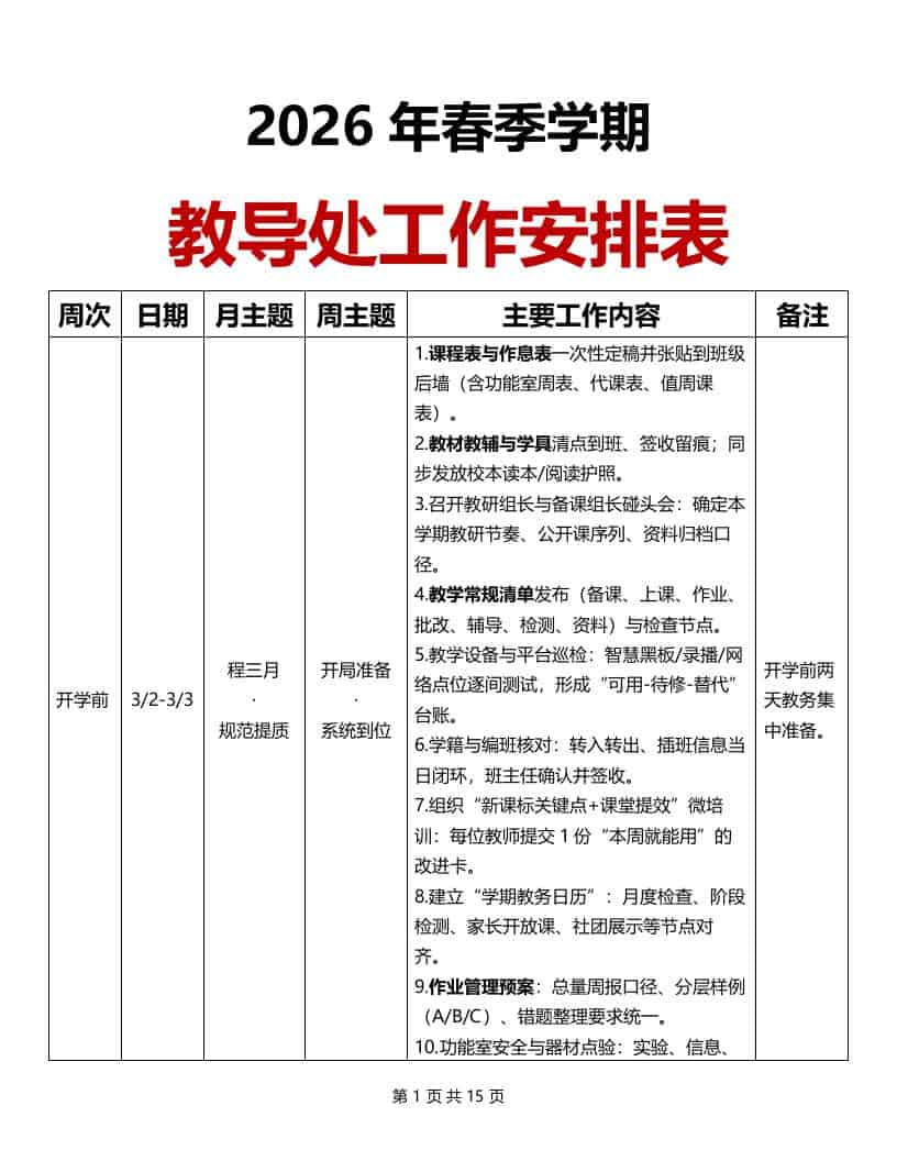 2026春季学期教导处工作安排表（竖版） - 臻优资源网