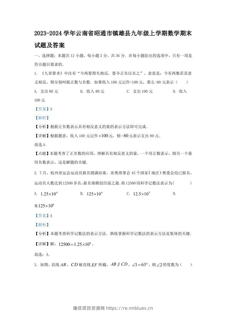 2023-2024学年云南省昭通市镇雄县九年级上学期数学期末试题及答案(Word版) - 臻优资源网