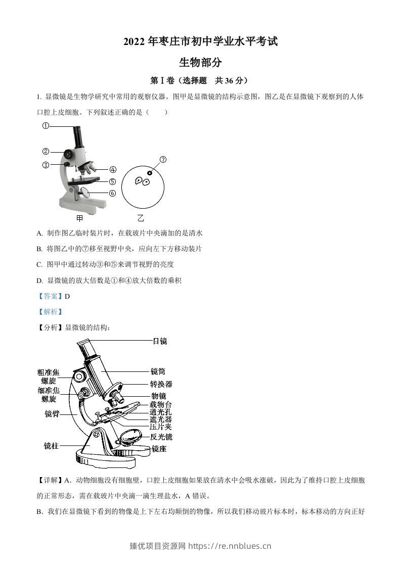 2022年山东省枣庄市中考生物真题（含答案） - 臻优资源网