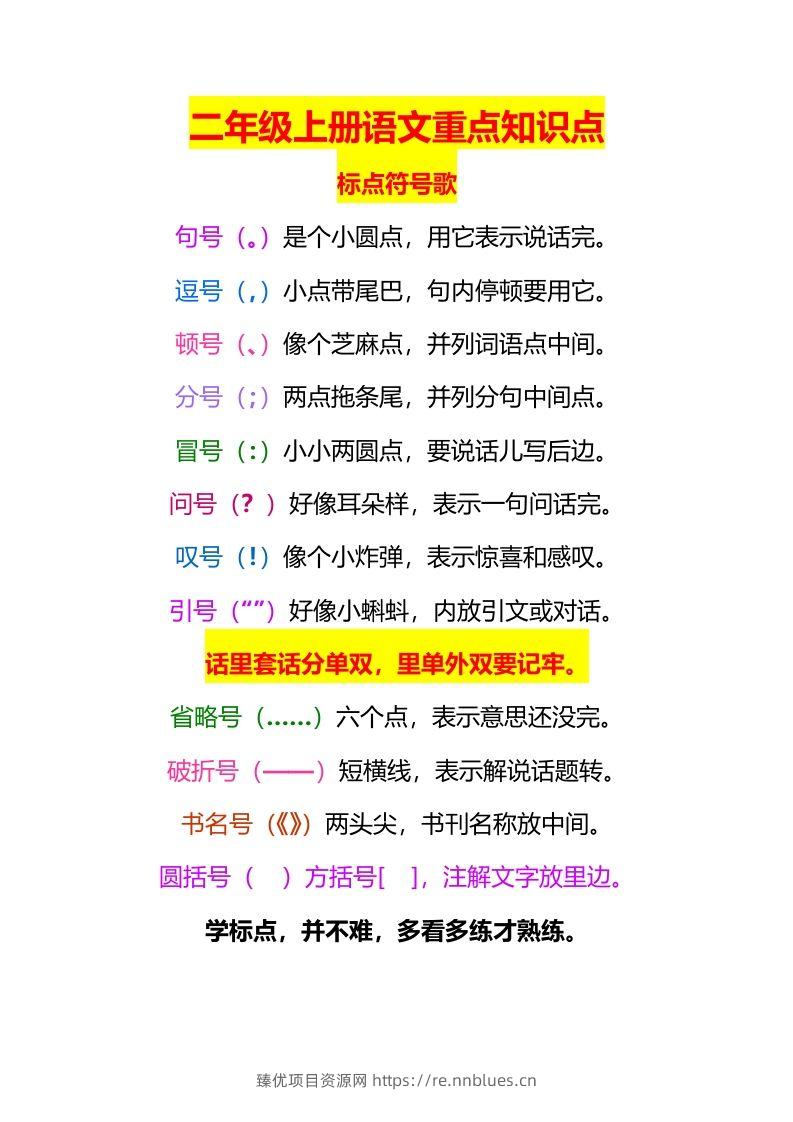 二上语文标点符号歌专项练习题 - 臻优资源网