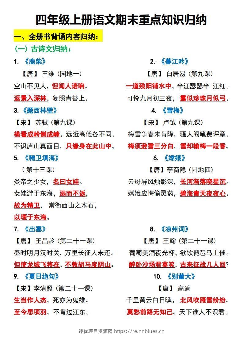 四上语文全册重点知识汇总 - 臻优资源网
