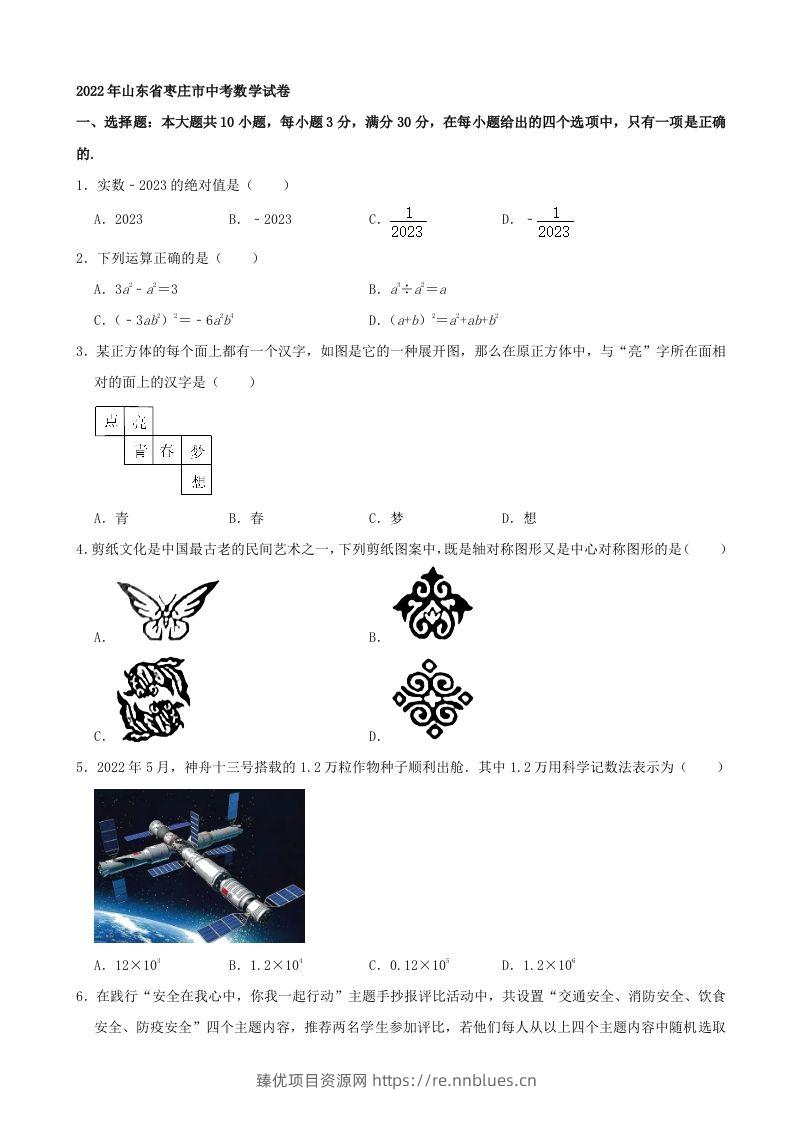 2022年山东省枣庄市中考数学真题 - 臻优资源网