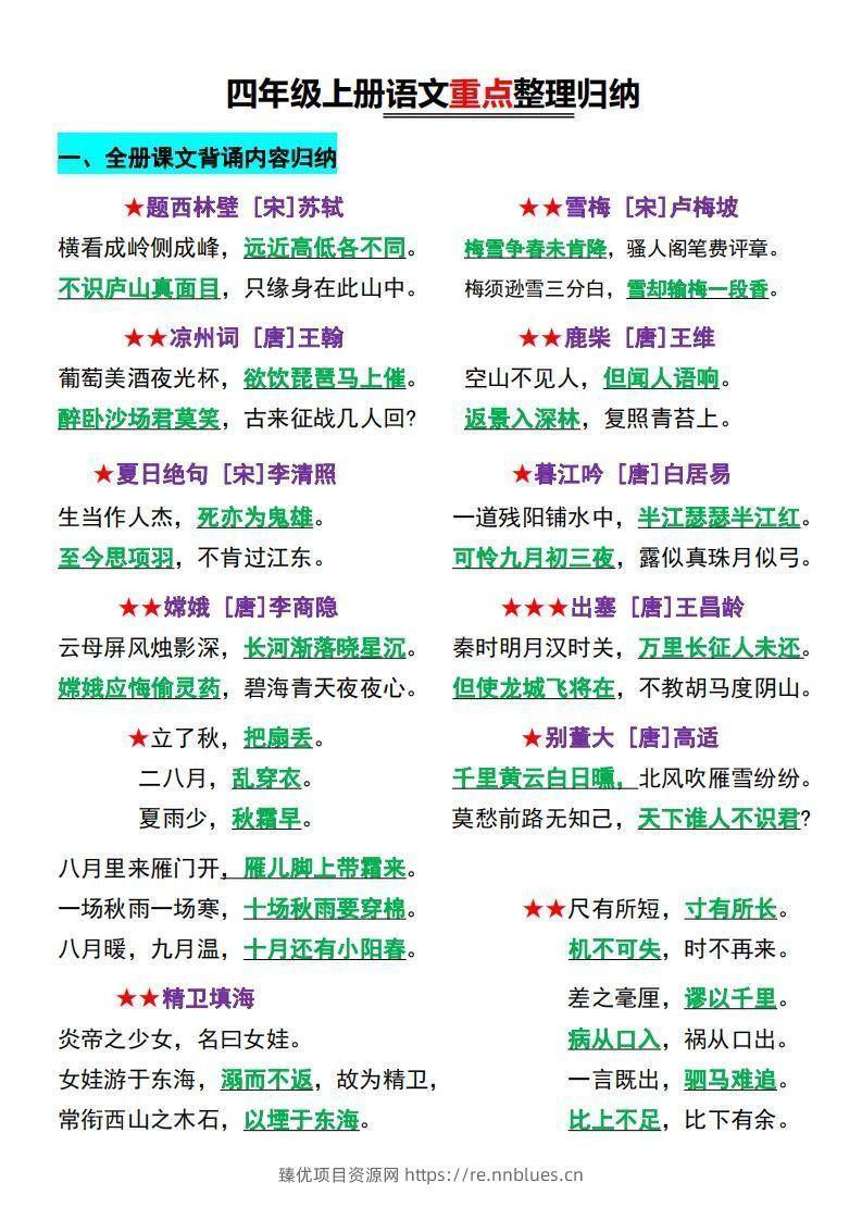 【四上】语文必背汇总 - 臻优资源网
