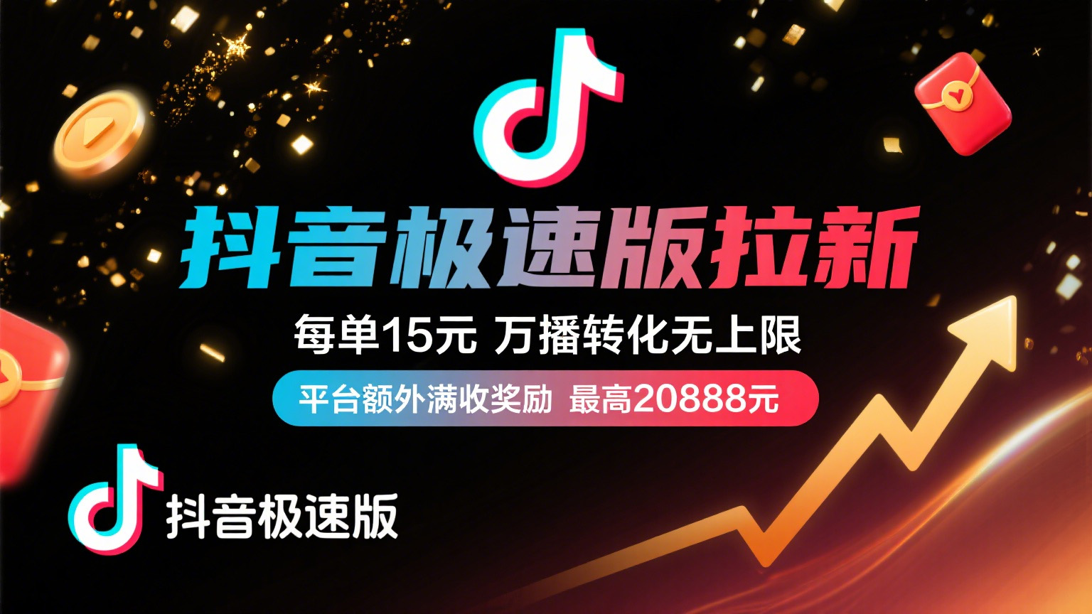 抖音极速版放福利，每单15元，万播转化无上限，平台额外满收奖励，最高可领20888元 - 臻优资源网