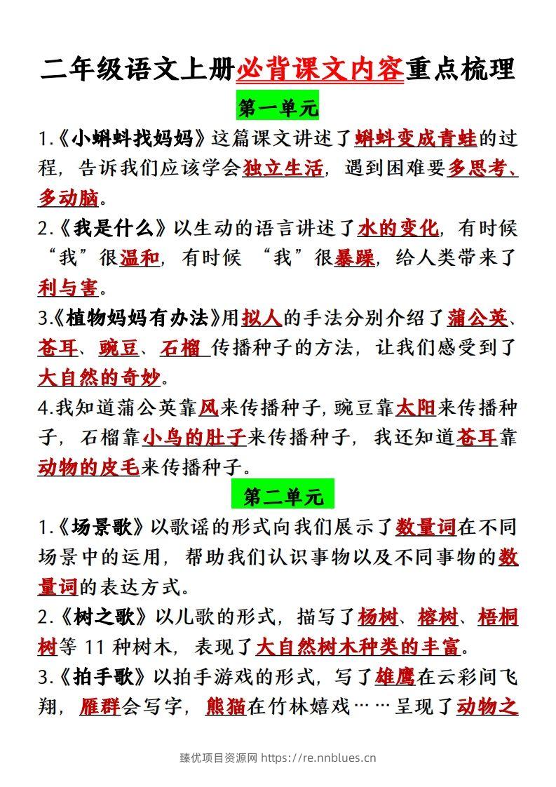 【单元必背课文内容重点梳理】二上语文 - 臻优资源网