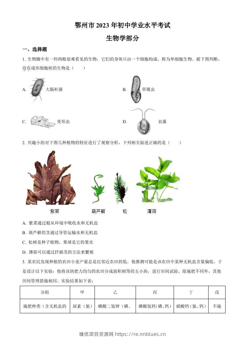 2023年湖北省鄂州市中考生物真题（空白卷） - 臻优资源网