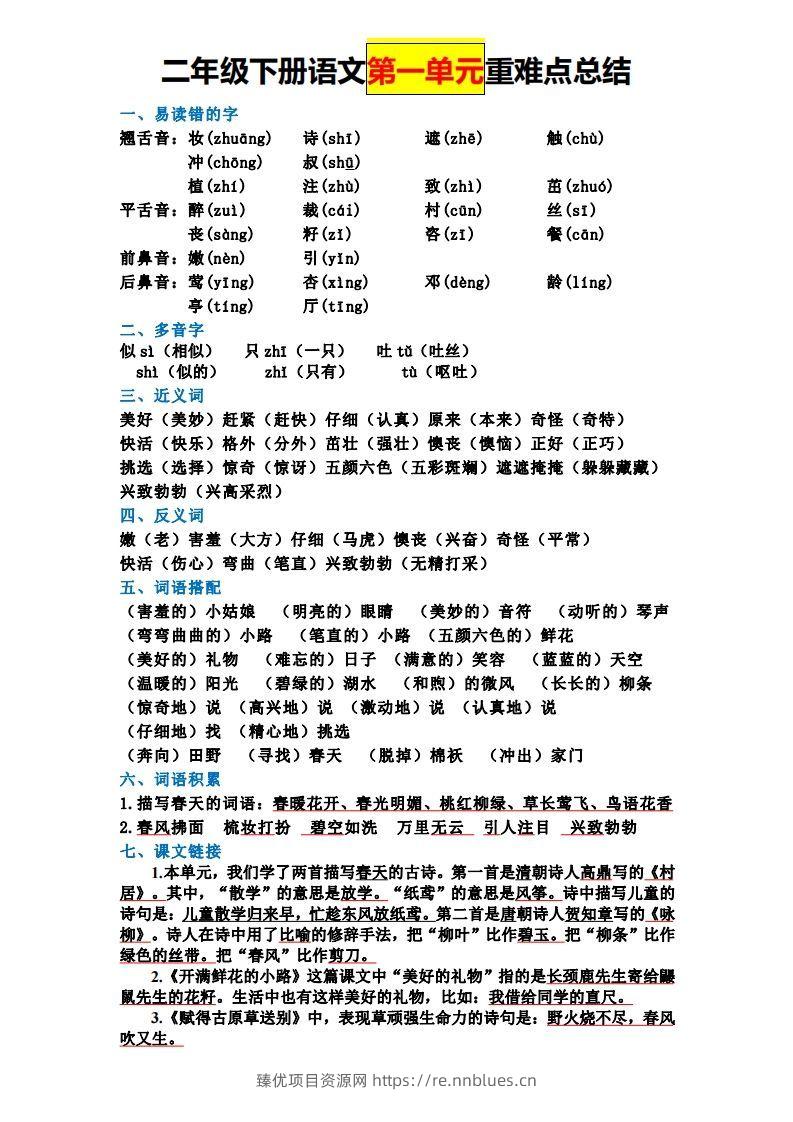 【全册单元重难点总结】二下语文 - 臻优资源网
