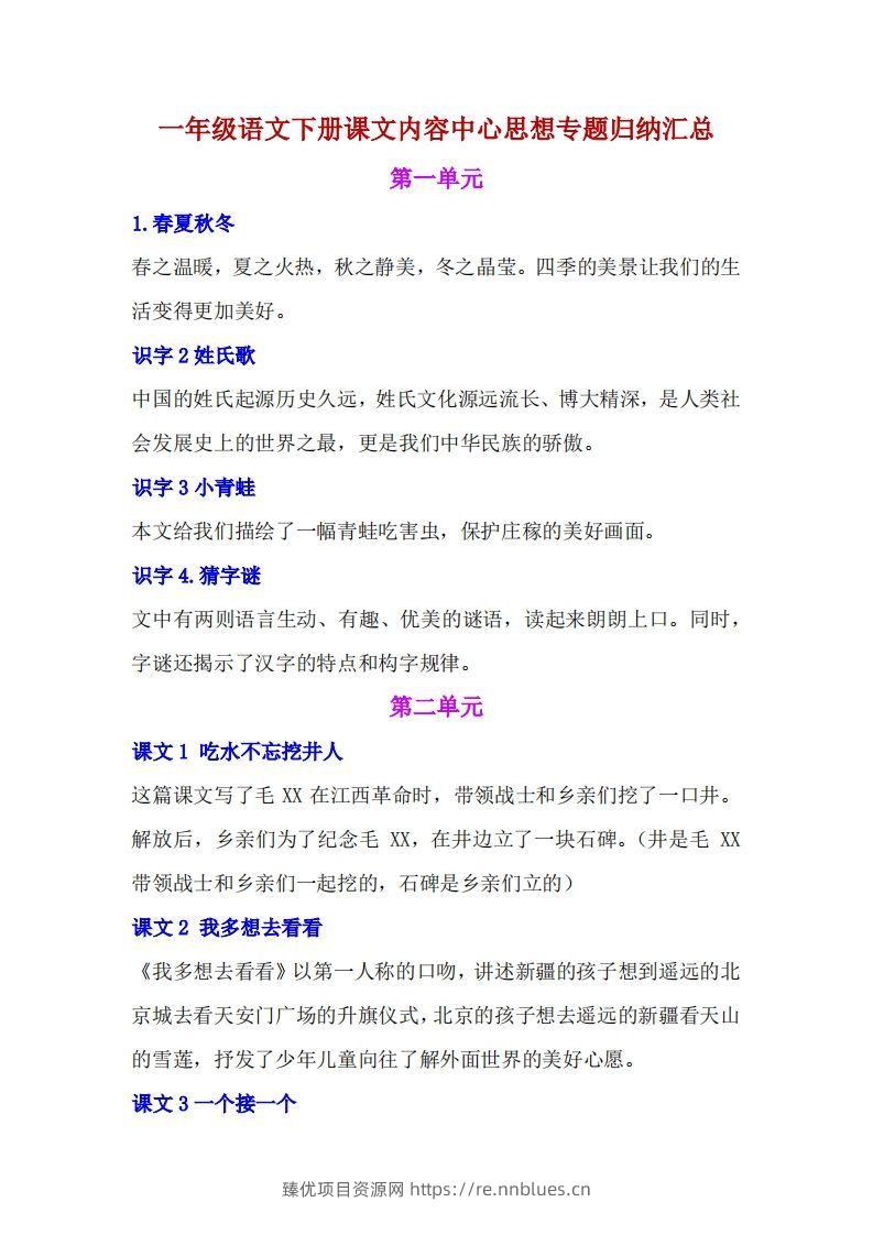 一年级语文下册课文内容中心思想专题归纳汇总 - 臻优资源网