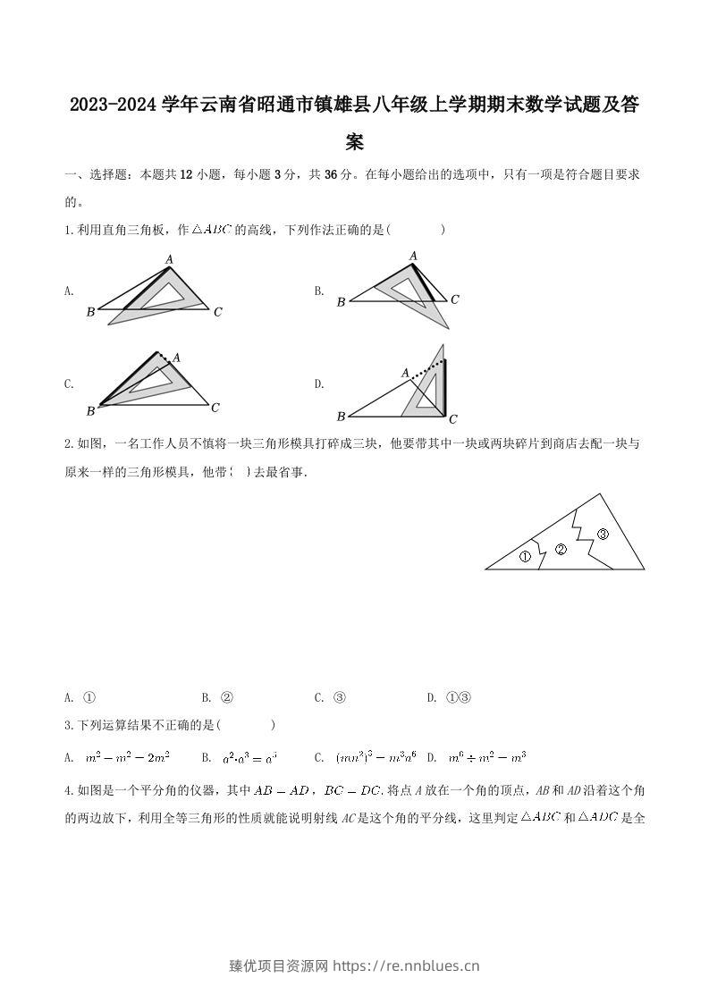 2023-2024学年云南省昭通市镇雄县八年级上学期期末数学试题及答案(Word版) - 臻优资源网