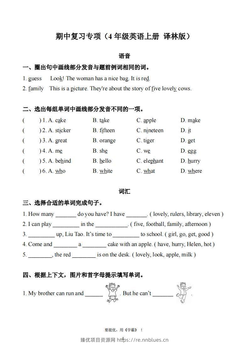 期中复习专项（四上英语译林版） - 臻优资源网